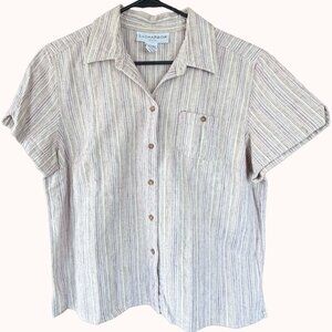 Sag harbor Petite Linen Cotton Striped Button Up Shirt Coastal Summer Top PL